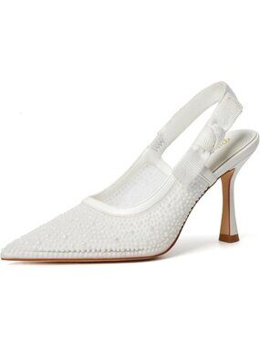 Women's White Rubber Pointed Closed Toe Buckle Strappy Comfort Slingback Heels